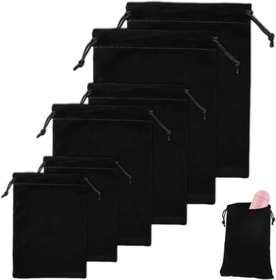 Set van 6 Grote Zwarte Velours Tassen met Trekkoord voor Sieraden, Trouwen en Cadeaus - Maten 10×12cm/13×18cm/17×23cm