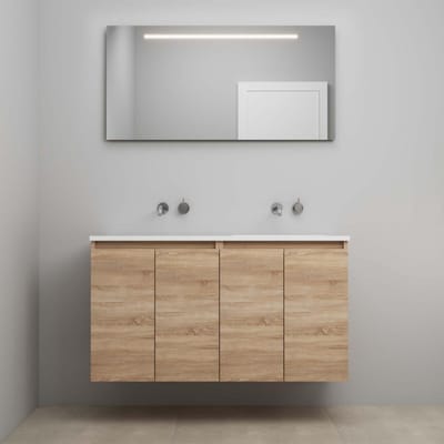 On-Line Badkamermeubelset - 120 cm - Voorgemonteerd - Greeploos 4 Deuren - Acryl Wastafel - Kraangat naar Keuze - Spiegel met LED-Verlichting - Eiken