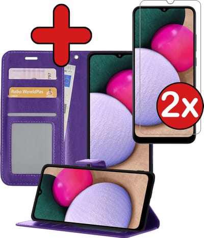 Hoesje - Met 2x Screenprotector - Geschikt voor Samsung Galaxy A02s - Luxe Pasjeshouder - Flip Case - Bookcase Portemonee - Kunstleer Book Case - Flipcase Hoes - Book Cover - Walletcase - Portemonneehoes - Telefoonhoes - Paars