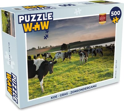 Puzzel Koe - Gras - Zonsondergang - Legpuzzel - Puzzel 500 stukjes