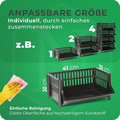 Novaliv 4-delige mandenplank zwart, stapelbaar en uitbreidbaar, planken voor voorraadkast, voedselplank, fruitplank, kelderopslagsysteem, appelplank, stapelmand, stapelplank van kunststof