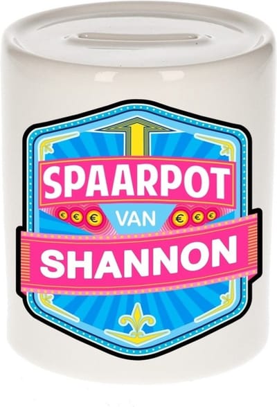 Bellatio Decorations Kinder spaarpot met naam - Shannon - keramiek - met dop - wit - Sparen - Spaargeld van Shannon