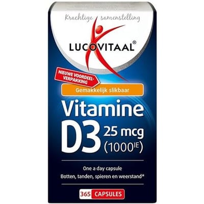 Lucovitaal Vitamine D3 25 mcg, 365 Capsules, Voedingssupplement voor Volwassenen, Voor Botten, Tanden en Weerstand