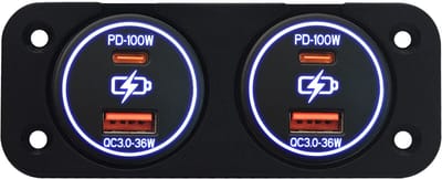 ProRide 12-24V USB/USB C Autolader 2 Poorten Inbouw - 100W+36W QC3.0 - Tweevoudig Paneel - Blauw - 2 Stuks