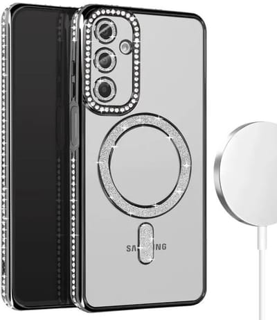 Hoesje met Diamantjes en Glitter Geschikt voor: Samsung Galaxy S25 - MagSafe Glitter Hoesje - Zwart met Diamanten steentjes - Glamour Hoesje