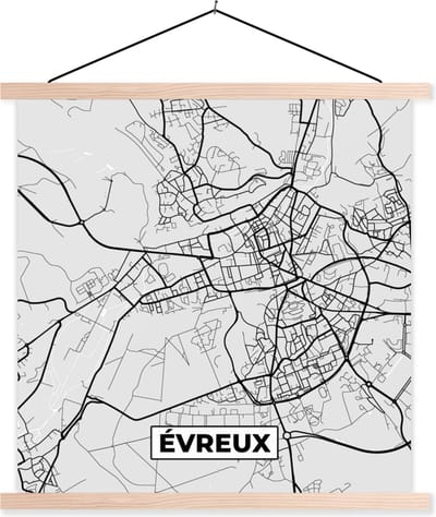 Posterhanger incl. Poster 40x40 cm - Schoolplaat - Kaart – Stadskaart – Frankrijk - Évreux - Plattegrond - Textielposter - Blanke latten - Stadskaart