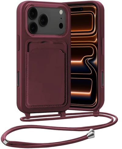 Hoesje Geschikt voor iPhone 17 Pro / 18 Pro Hoesje Met Telefoonketting Pasjeshouder Case Koord - Hoesje Geschikt voor iPhone 17 Pro / 18 Pro Hoes Met Kaarthouder - Aubergine