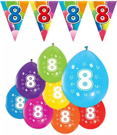 Feestpakket 8 jaar / 8 ballonnen en 1 vlaggenlijn 10 meter - Versiering Slinger Feestdecoratie Decoratie Verjaardag Jubileum Ballon Feest
