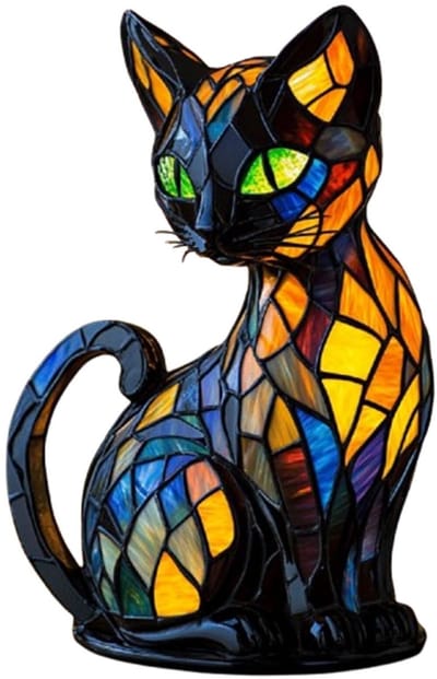 carmdering - Kattenlamp Gebrandschilderd Glas - Retro Kat Gebrandschilderd Hars Tafellamp - Dierenserie Nachtlampje - Dual Color Modes - Duurzaam Ontwerp - Hoogwaardig Hars - Schokbestendig - Sfeerverlichting - 1 Stuk