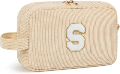 Elegante Corduroy Make-up Tas voor Vrouwen, Persoonlijke Letter Aanpassing, Cosmetica Organizer in Roze en Off-white, Perfect Cadeau voor Vriendin