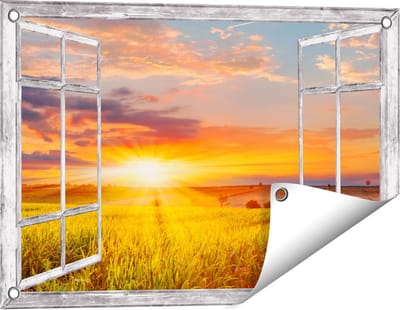Gards Tuinposter Doorkijk Zonsopgang op het Maïsveld - 60x40 cm - Tuindoek - Tuindecoratie - Wanddecoratie buiten - Tuinschilderij