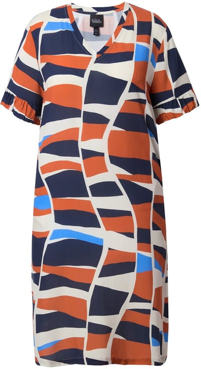 Ulla Popken - Dames - Jurk grafische print V-hals korte mouw zakken - Marine - Maat 46+