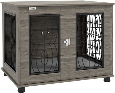 PawHut Hundebox für Zuhause, Hundehaus mit Kissen, Verschließbare Vordertür, Indoor Hundehütte mit Drahtgeflecht-Belüftung für mittelgroße Hunde bis 20 kg, Grau, 80 x 56 x 63 cm
