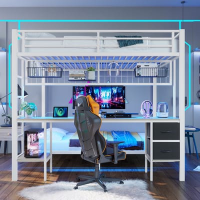 MEUNIQ Hoogslaper 140 x 200 cm met bureau, lades, opbergplanken, hangrooster, 7-kleuren LED en USB, metalen en MDF frame, wit