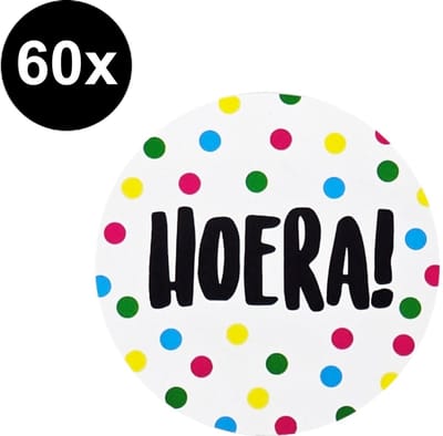 60x Sticker Hoera! - Gekleurde Stippen - Sluitsticker - Sluitzegel - Feeststicker Presentje - Enveloppe - Cadeau - Gift - Cadeauzakje - Traktatie - Leuk inpakken - Sticker - 40mm - 60
