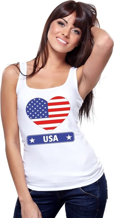 Amerika/ USA singlet shirt/ tanktop met Amerikaanse vlag in hart wit dames S