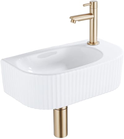 QeramiQ Blend fonteinset – halfrond – 40x21.5x12 cm – keramiek wit glans – geborsteld gouden kraan