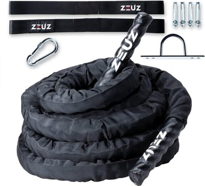 ZEUZ Premium 9 Meter Battle Rope inclusief Nylon Sleeve & Bevestigingsmateriaal – Training Touw voor Fitness & CrossFit