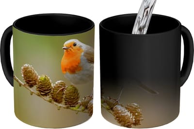 Magische Mok - Foto op Warmte Mokken - Koffiemok - Vogel - Roodborstje - Dennenappel - Tak - Herfst - Magic Mok - Beker - 350 ML - Theemok