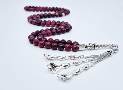Handgemaakte tesbih "Tasbih" natuursteen "Lepidolite" - Aantal kralen 99 - Diameter kralen 8MM - met metaal tassel "Palm" - Een mooi cadeau-idee