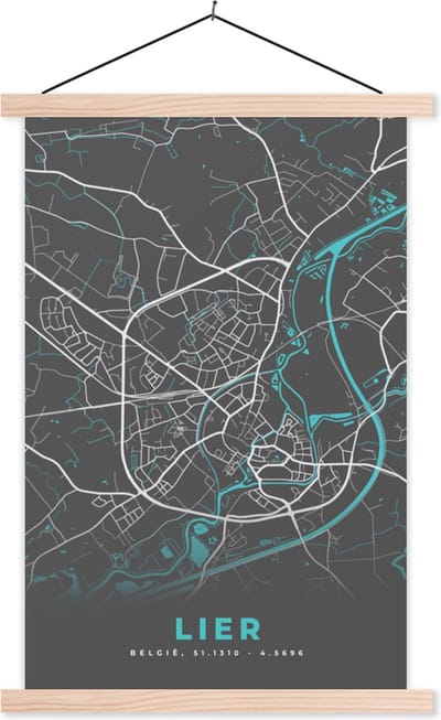 Posterhanger incl. Poster 40x60 cm - Schoolplaat - Plattegrond – Lier – Blauw – Stadskaart - Kaart - België - Textielposter - Blanke latten - Stadskaart