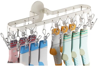 Opvouwbaar kledingrek voor aan de muur - Ruimtebesparend droogrek voor kleding - Geen extra hangers nodig - Opvouwbaar ontwerp - Ingebouwde 20 clips - Voor het drogen van sokken/ondergoed - Geschikt voor badkamer/balkon