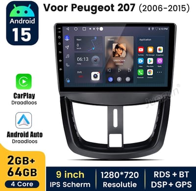 HexinexMarket - 9" autoradio Geschikt voor Peugeot 207 (2006 -2015) - Draadloos CarPlay, Android Auto, Android 15, multimediaspeler - 2GB+64GB