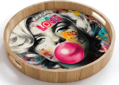 Dienblad rond 40x40 cm - Schootdienblad hout - Vrouw - Kauwgom - Graffiti - Neonkleuren - Borrelplank rechthoek - Plateau houten dienbladen