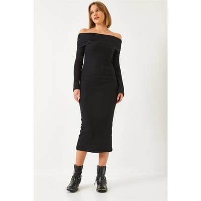 Strapless Geribbelde Midi Dress
