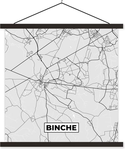 Posterhanger incl. Poster 60x60 cm - Schoolplaat - Zwart Wit – België – Plattegrond – Stadskaart – Kaart – Binche - Textielposter - Zwarte latten - Stadskaart