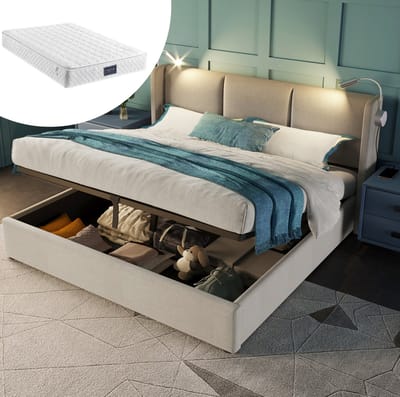 MEUNIQ tweepersoons bed met opbergruimte 140x200 cm, gestoffeerd bedframe met lattenbodem, leeslamp en USB bij hoofdbord, beige bed voor slaapkamer