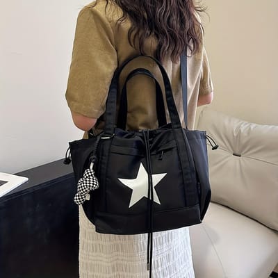 Sac à Bandoulière Colorblock Motif Étoiles Tendance Fermeture à Cordon Élégante pour un Look Décontracté Chic - Design Réglable Polyvalent Idéal pour l'École noir
