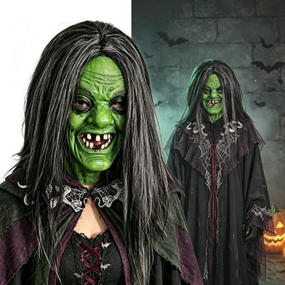 Halloween Groene Heks Latex Masker One size fits all adults groen