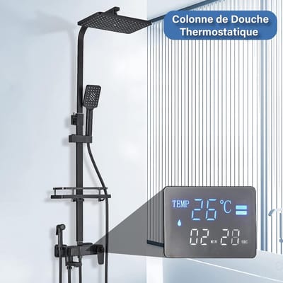 Douchesysteem met thermostaat met digitaal led-display, regendouche, handdouche, extra mondstuk en watervalkraan, roestvrij staal, verstelbare douchekolom