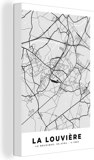 Canvas Schilderij Stadskaart – Zwart Wit - Kaart – La Louvière – België – Plattegrond - 20x30 cm - Wanddecoratie