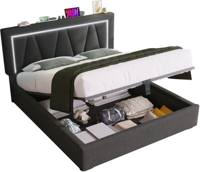 Wishdor Opbergbed 160 x 200 cm – Verstelbaar Geometrisch Hoofdbord – LED met Afstandsbediening – USB en USB-C Laadstation – Hydraulische Opbergruimte – Maximale Belasting 360 kg – Geschikt voor Slaapkamer – Linnen – Grijs