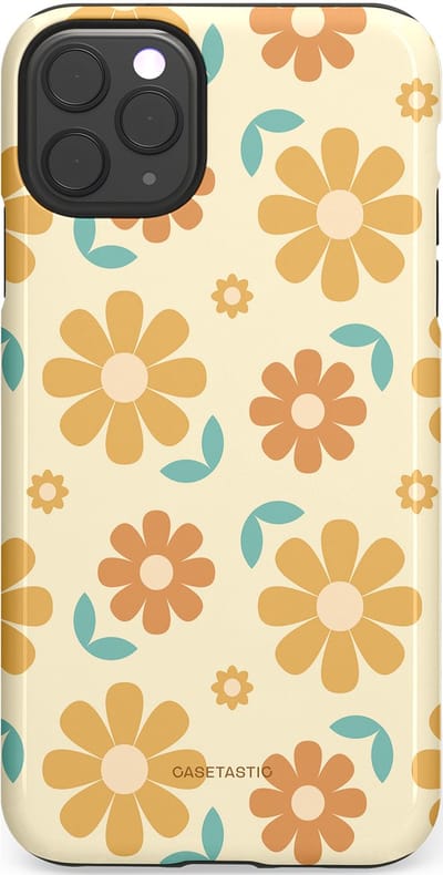 Casetastic hoesje geschikt voor Apple iPhone 11 Pro Max - Dubbellaagse bescherming - Flower power Retro Bloemen - Geel - Oranje - Blauw - Fashion Case - Crème Goud Perzik