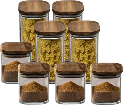 Secret de Gourmet - Keuken voorraadpotten - glas/hout - set 8x stuks - 600 en 1600 ml - voedsel opslag