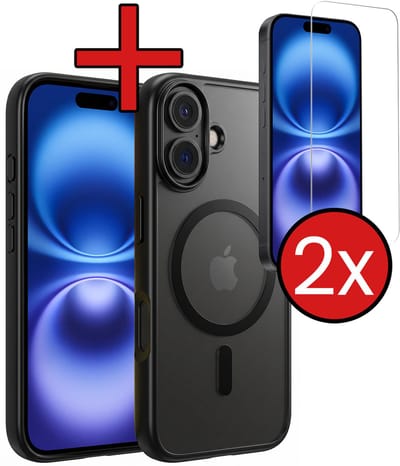 Hoesje - Met 2x Screenprotector - Geschikt voor Apple iPhone 16 - Magsafe Compatible - Sterk & Shockproof - Shock Proof Case - Back Cover - Telefoon Hoes - Telefoonhoes - Zwart