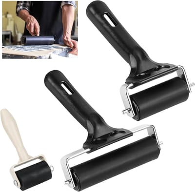 3 stuks rubberen rollers, verfroller, linoldruk, 3,5 cm/6 cm/10 cm, schilderrol, rubberen aandrukroller, brayer, roller, linolverfroller, rollers met handvat, voor inkt-kleurblok, blokdruk, stempelen,