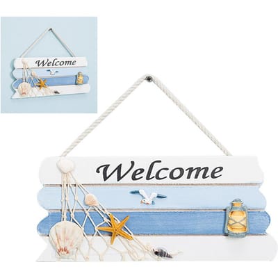 Houten Mediterrane Oceaan Nautisch Welkomstbord met Zeesterren Schelp voor Huis Bar Winkel Deur Decor blauw