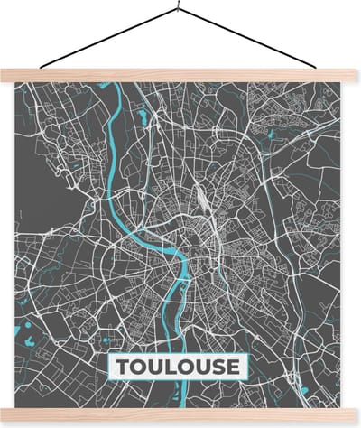 Posterhanger incl. Poster 40x40 cm - Schoolplaat - Toulouse - Frankrijk - Kaart - Stadskaart - Plattegrond - Textielposter - Blanke latten - Stadskaart