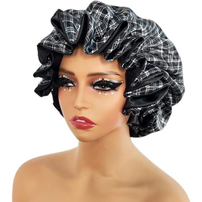 Vrouwen satijnen muts dubbellaags zijdezachte grote muts voor dames met print slaapmuts hoofddoek