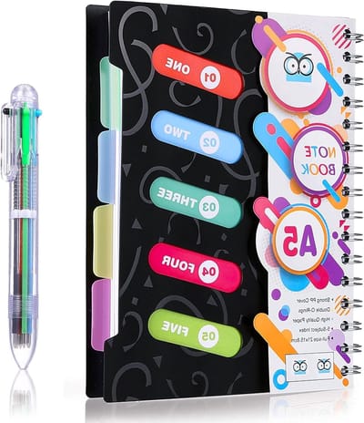 A5 Notebook met ringband, gelinieerd notitieboek, 300 pagina's, notepad en balpen in 6 kleuren