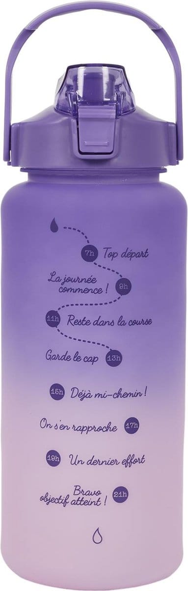 Motivatie Waterfles 2 Liter - Grote Drinkfles met Tijdmarkeringen - BPA-vrij - Perfect voor Fitness en Hydratatie - Extra Grote Bidon - Paars