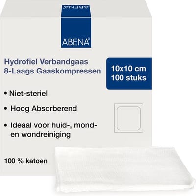 Abena Gaaskompres - 100 Stuks - Hydrofiel Verbandgaas - 8-Laags Gaaskompressen - 100% Katoen - 10 cm x 10 cm