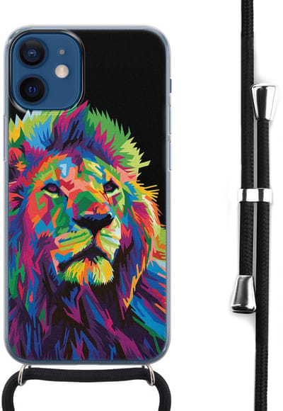 Hoesje met koord - Geschikt voor iPhone 12 Mini - Leeuw pop art - Verstelbaar zwart koord - Zwart, Transparant, Multi - Print / Illustratie - Leuke Telefoonhoesjes