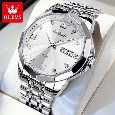HO-9982.z : Olevs zilverkl automatisch/mechanisch edelstaal elegant tourbillon Polshorloge, luminiscerend, rhombol, Datum, Diamant-zirkonia's