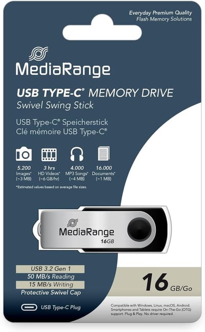 USB C Stick - Geheugenstick Data - Bestanden Overzetten - Draaibare Behuizing - 16 GB Capaciteit - Zilver Zwart
