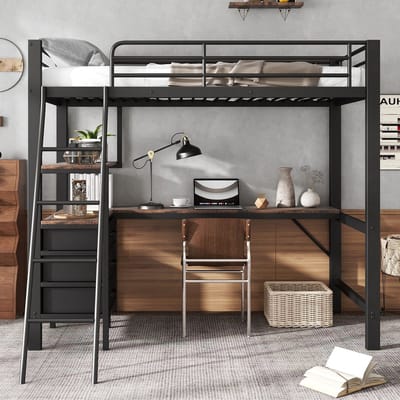 VVBV Stapelbed 90x200 cm - Lades, Trap/Ladder, Voor Kinderen/Tieners, 3 Lades, Bureau - Metaal/Spaanplaat Zwart/Walnoot